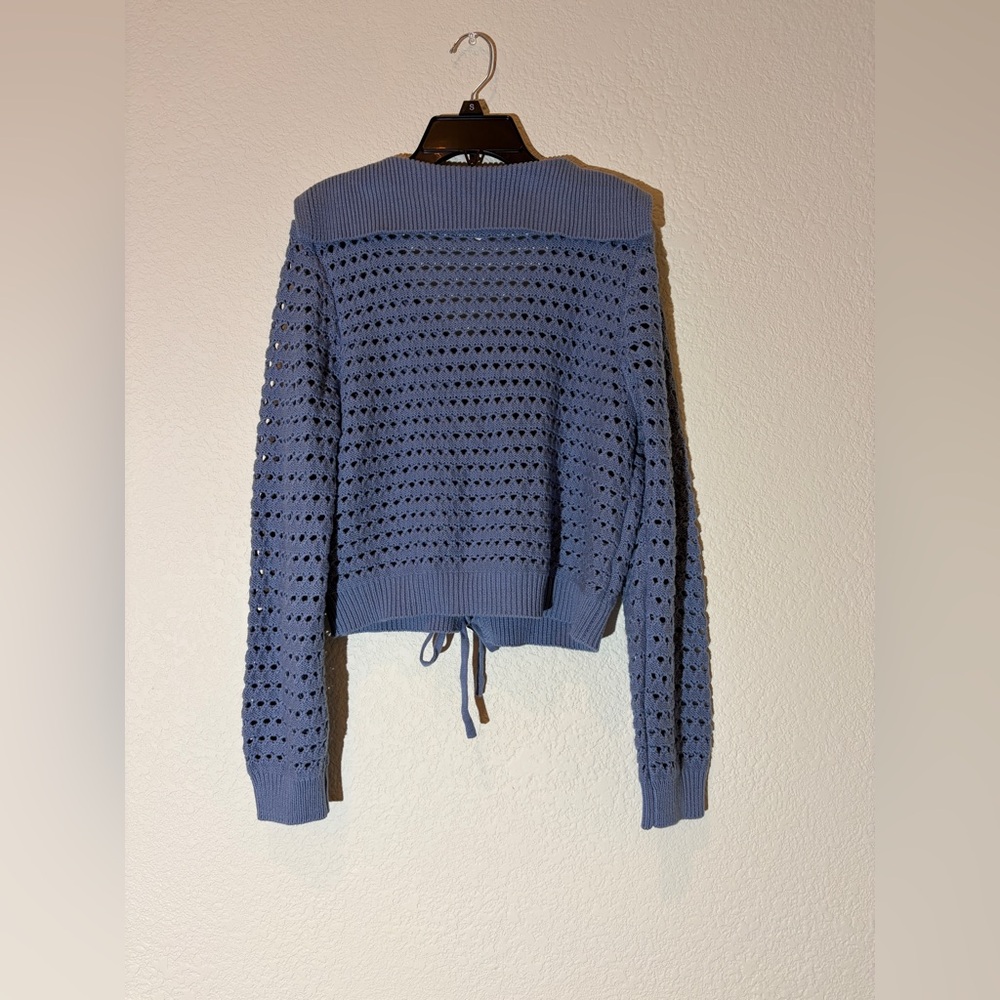 Blue Open Knit Tie Front Cardigan | Cropped Sweater | NWT | PM Petite - Picture 2 of 8